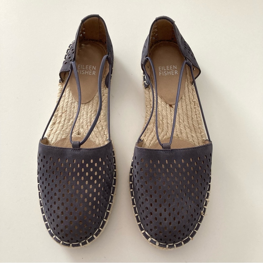NEW Eileen Fisher Lee 2 Blue Leather Perforated Espadrille Sandals